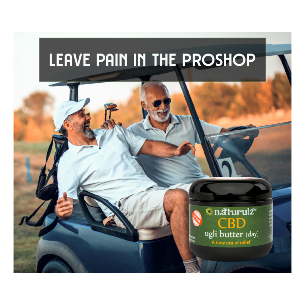 Two men in a golf cart with the text " leave pain in the proshop ".