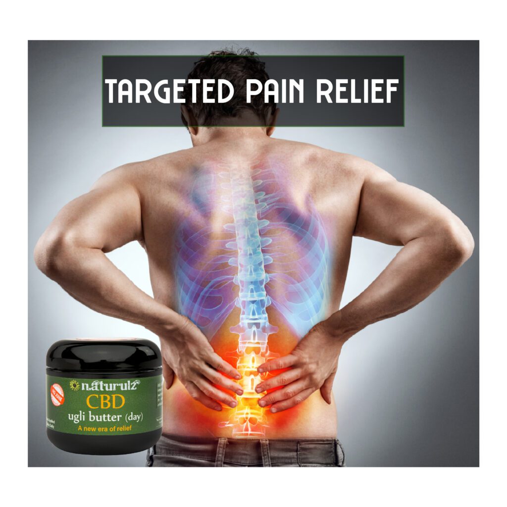 A man with his back turned and holding onto the back of his body. with Ugli Butter Day pain CBD-Rich Pain relief topical in the foreground