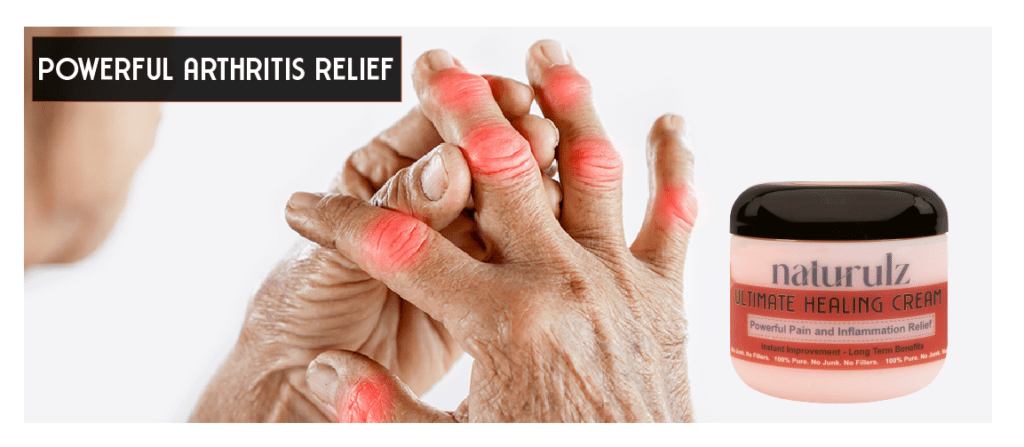 A woman rubbing arthritic fingers with a jar of Ultimate healing cream in the foreground. Powerful arthritis relief